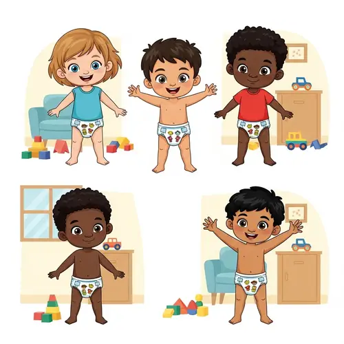 Diverse 7-Year-Old Kids in Colorful Pampers Diapers
