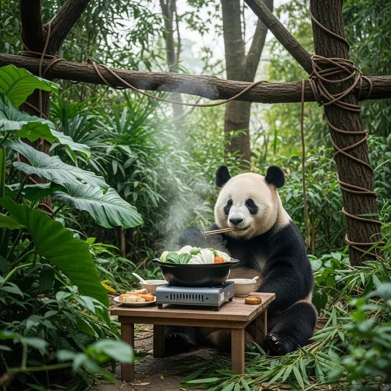 Panda Eating Hotpot in Jungle Setting