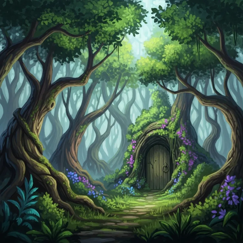 Mystical Forest Doorway with Vibrant Colors | Dreamlike Enchantment