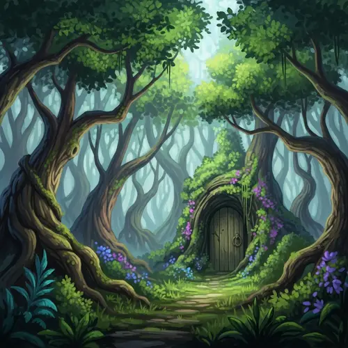 Mystical Forest Artwork with Twisted Trees | Enchanting Scene