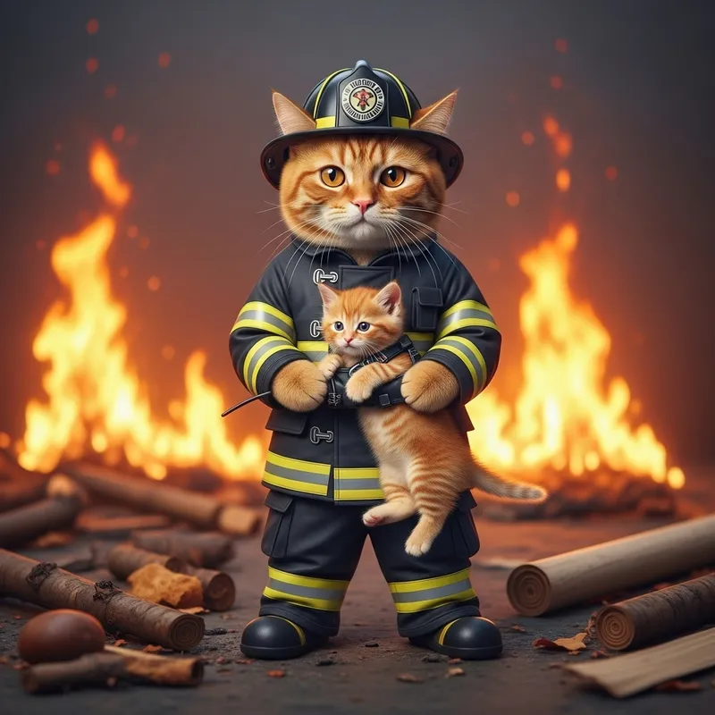 Adorable Ginger Cat Rescues Kitten from Fire - Realistic Photo