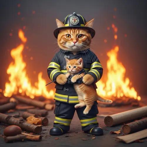 Realistic Ginger Cat Fireman Rescue Photo