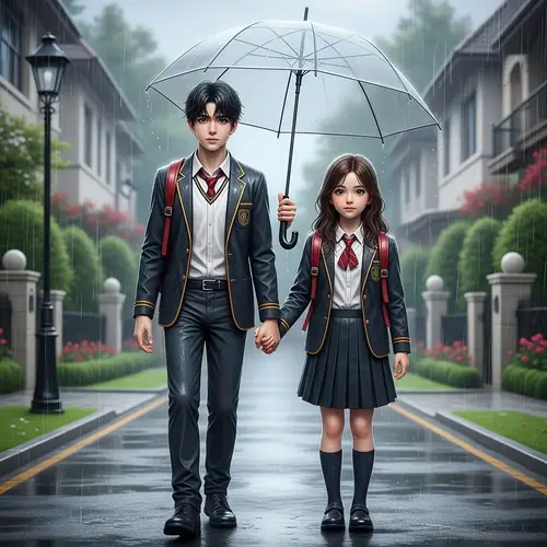 Innocent Camaraderie: Rain-Soaked Boy & Girl in Affluent Neighborhood