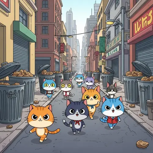 Colorful Cartoon Cats Strolling Urban Streets | Adorable Characters
