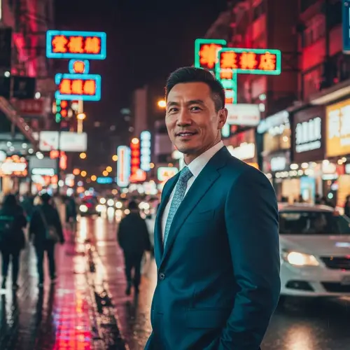 Middle-Aged Chinese Man in Stylish Suit on City Street