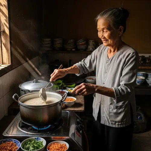 Aged Vietnamese Woman Preparing Porridge | Authentic Cooking Scene