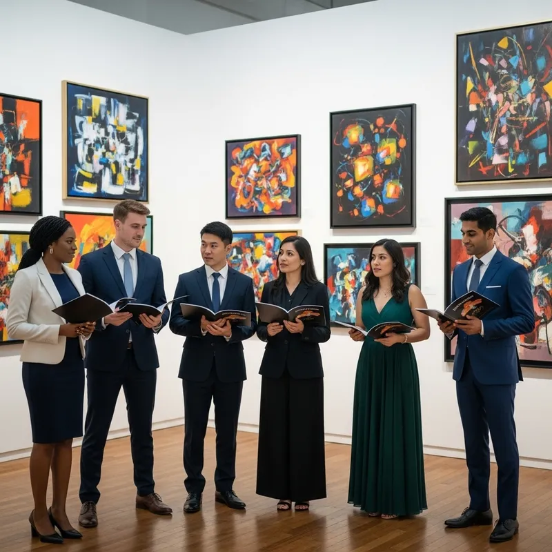 Buyers Admiring Abstract Art | Diverse Art Enthusiasts in Gallery Buyers Admiring Abstract Art | Diverse Art Enthusiasts in Gallery