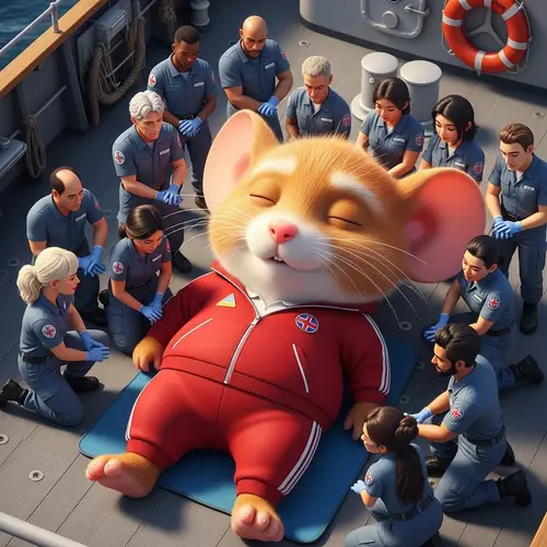 Hyperrealistic Illustration of Ginger British Mouse Rescued on Ship