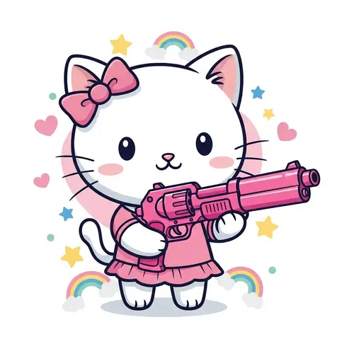 Cute Cartoon Cat with Pink Toy Gun | Playful Fun Imagery
