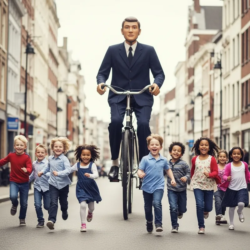 Giant Cyclist: Enchanting Street Scene with Playful Children