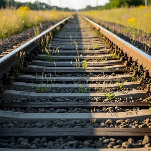 Rustic Railway Track Close-Up: Nature Reclaims Industrial Beauty