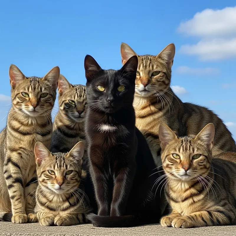 Black Cat and Four Brown Cats with Soft Stripes - Cozy Feline Gathering