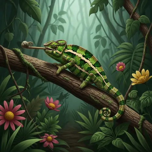 Masterful Camouflage: Chameleon Blending into Jungle Environment