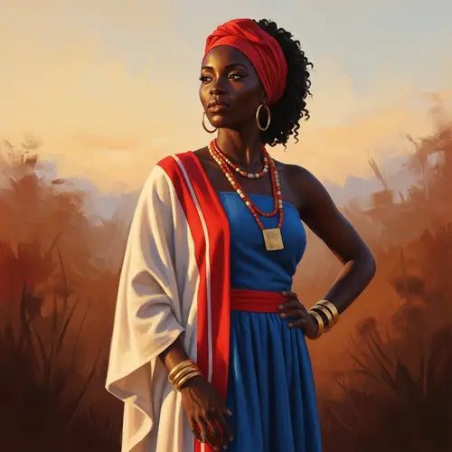 Elegant African Woman in Vibrant Traditional Attire at Sunset