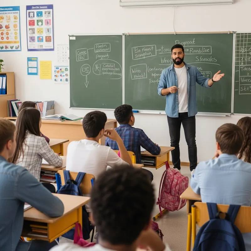 Male Teacher with Mustache Teaching in Front of Class Male Teacher with Mustache Teaching in Front of Class