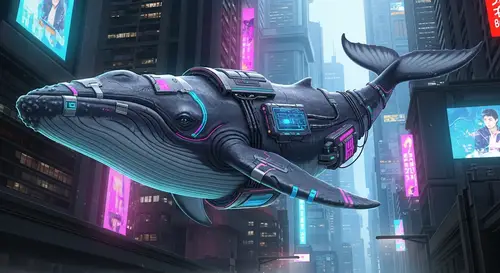 Cyberpunk Whale in Futuristic City | Digital Art