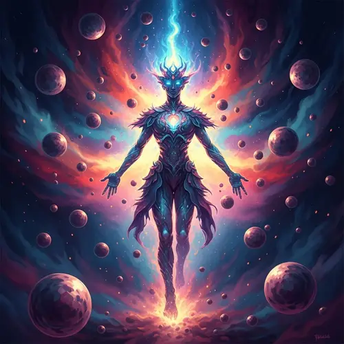 Ethereal Figure Surrounded by Vibrant Orbs | Essence of Magic & Wonder