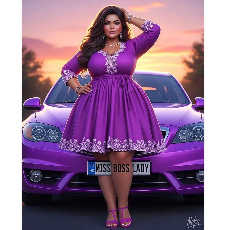 Celebrating Body Diversity: South-Asian Plus-Size Lady in Purple Dress