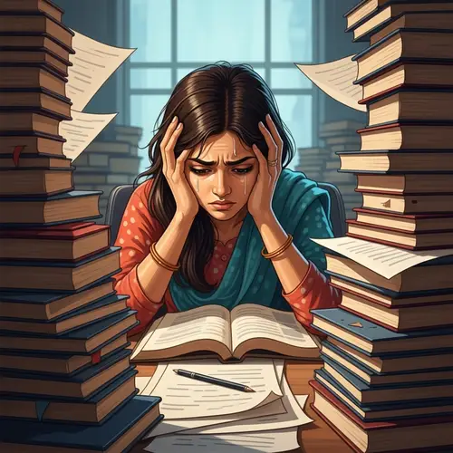 Stressed South Asian Woman Overwhelmed by Academic Research