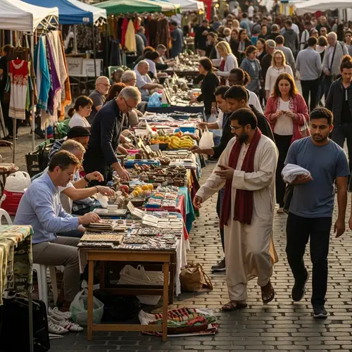 Diverse Market Scene: Bargaining & Trading with Textiles and Fruits