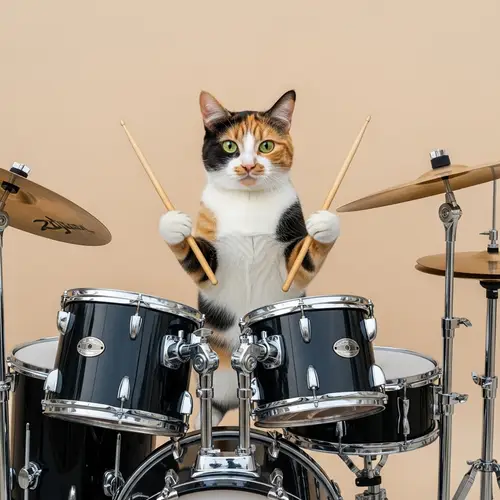 Cat Playing Drums: Musical Calico Kitty Drumming