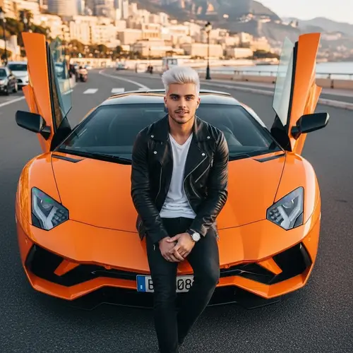 Luxurious Lamborghini: Captivating Image of a Young Man on a Sports Car