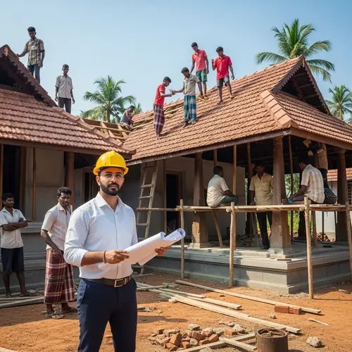 Middle-Eastern Civil Engineer Overseeing Traditional House Construction in Kerala