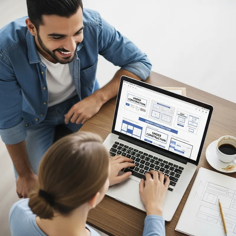 Smiling Character Overlooking Designer with Website in Progress