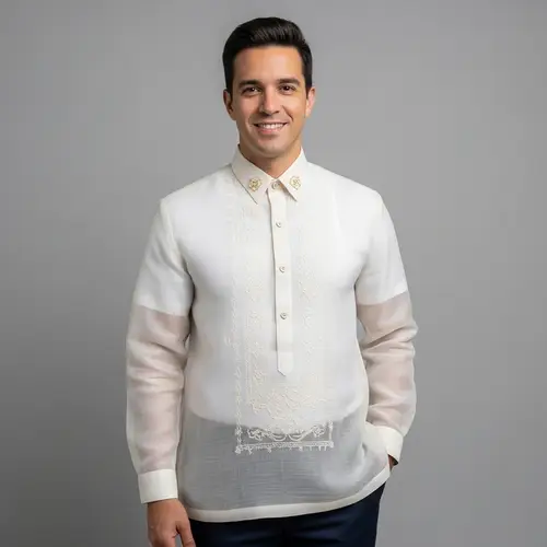Hispanic Man Wearing Barong Tagalog - Traditional Filipino Garment