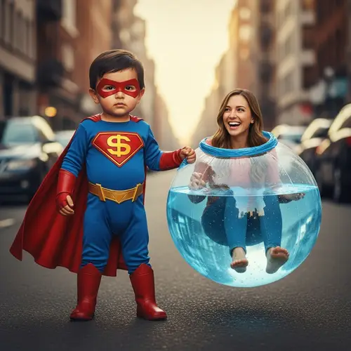 Toddler Superhero Holding Inflated Diaper Woman | 4K Cinematic Image