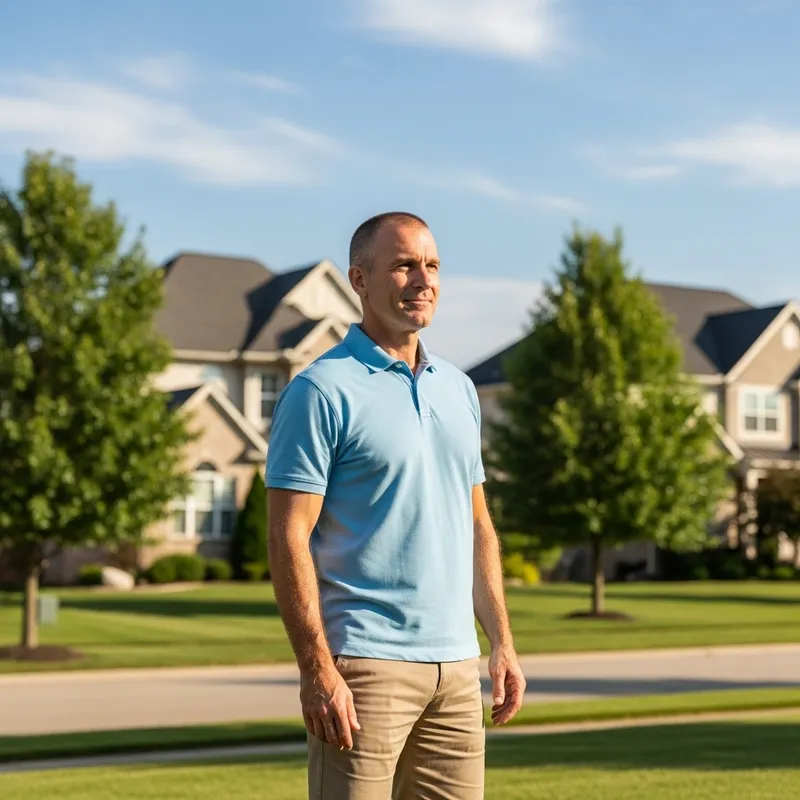 Middle-Aged Man Enjoying Sunny Suburban Surroundings Middle-Aged Man Enjoying Sunny Suburban Surroundings