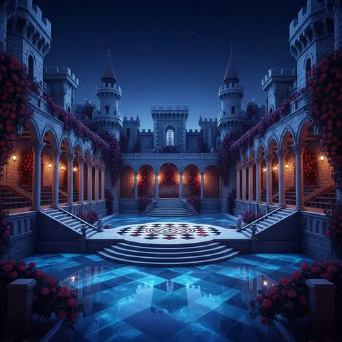 Enchanting Indoor Castle Setting: Starry Night Sky & Diamond Stage