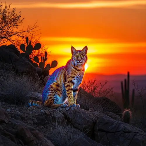 Colorful Bobcat Sitting on Rocky Hill at Sunset