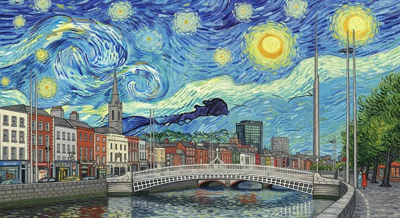 Dublin City in Van Gogh Starry Night Style | Dramatic Cityscape Painting