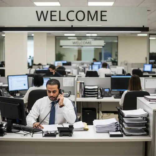 Professional Office Environment with Middle-Eastern Male Secretary at Reception