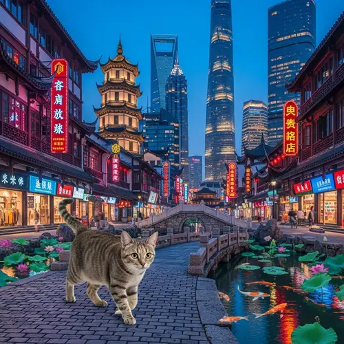 Adorable Cat Strutting through Shanghai’s Diverse Architecture