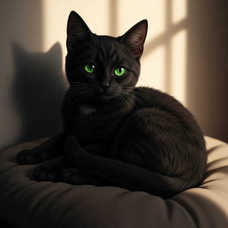 Small Black Cat with Green Eyes Sitting on Soft Cushion