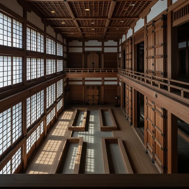 Vast Serenity: Two-Story Wooden Building with Japanese Windows
