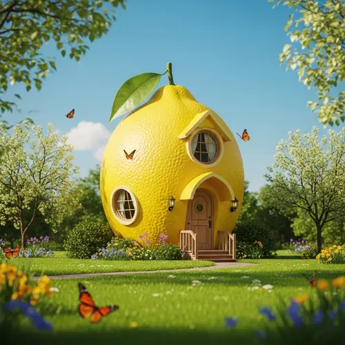 Lemon-Shaped House on Vibrant Spring Lawn | Kodak Portra