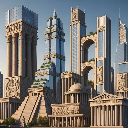 Cityscape Illustration: Diverse Skyscrapers Drawing Ancient Temple Design Inspirations