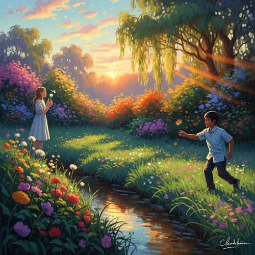 Serene Garden with Children: Impressionistic Landscape