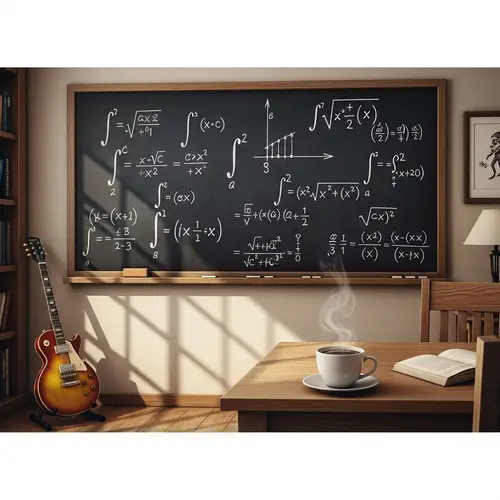 Integral Equations on Chalkboard, Coffee & Gibson Les Paul