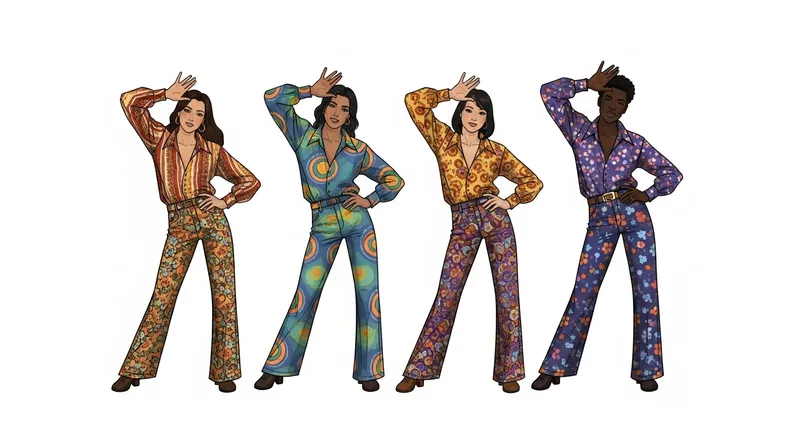 Dynamic 70s Dancers in Vibrant Costumes | Retro Sketches