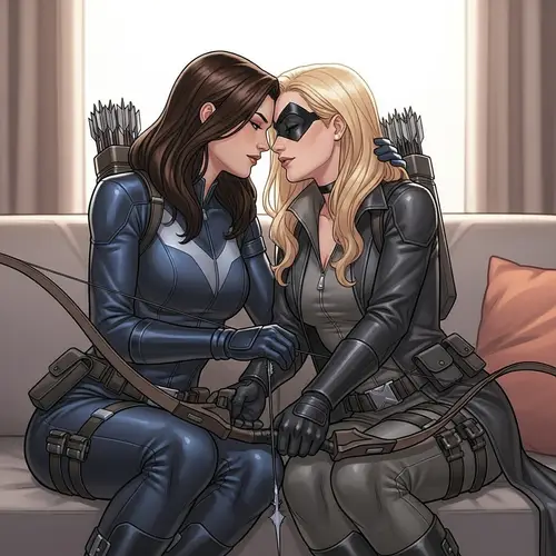 Strong Female Superheroes Sharing a Tender Moment on the Couch