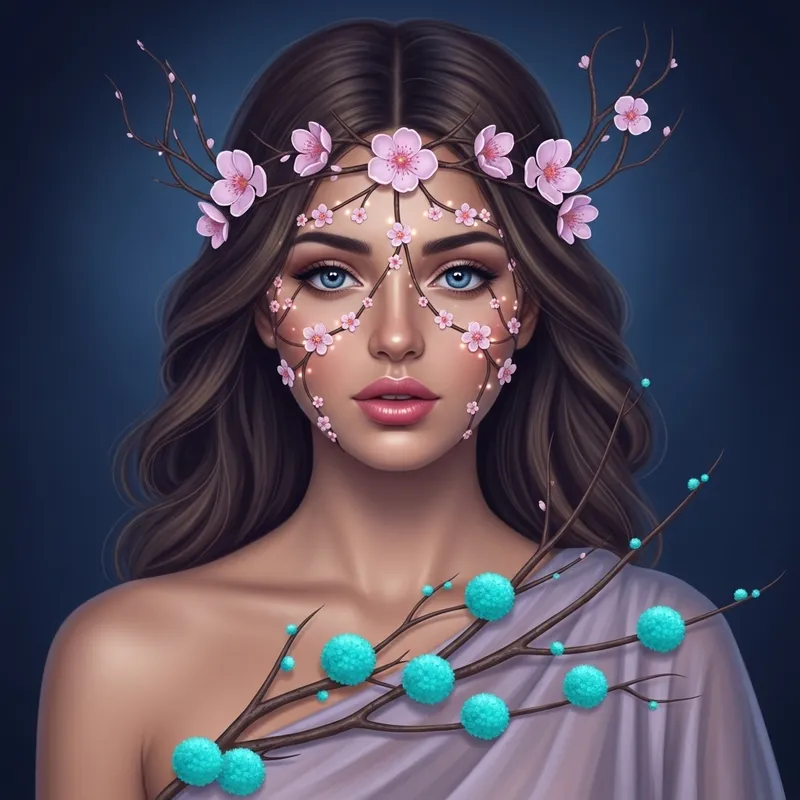 Enchanting Woman with Luminous Blue Eyes and Chestnut Hair Adorned with Flowers