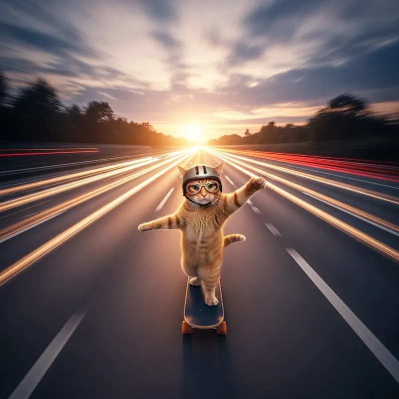 Cat Skateboarding on High-Speed Highway - Adorable Feline Stunt