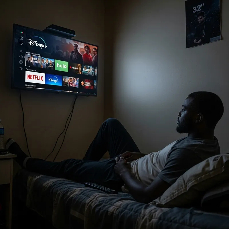 Realistic Depiction of Black Man Watching 32-Inch TV in Urban Low-Income Setting Realistic Depiction of Black Man Watching 32-Inch TV in Urban Low-Income Setting