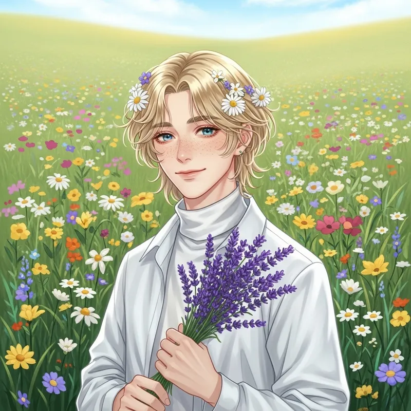 Angelic Young Man in a Blooming Meadow