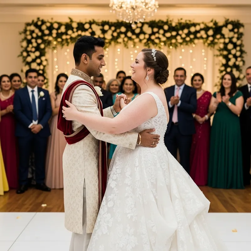 Joyful Wedding Dance of a Slim Groom and Plump Bride
