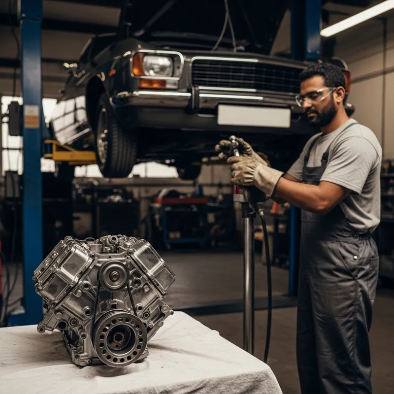 Expert Auto Mechanic Working on Engine in Classic Car Garage Expert Auto Mechanic Working on Engine in Classic Car Garage